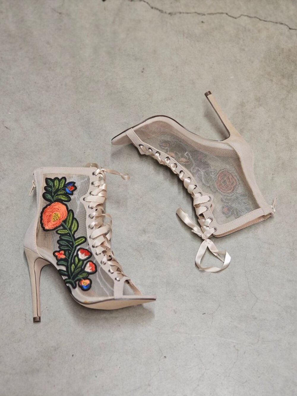 Floral Embroidered Mesh Lace-Up Stiletto Heels With Back Zipper - Picture 8 of 13